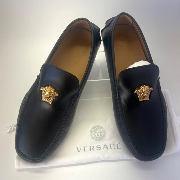 Versace Driver Medusa Shoes Vitello Black Leather Women Flats Size IT40 US10 - Picture 1 of 15
